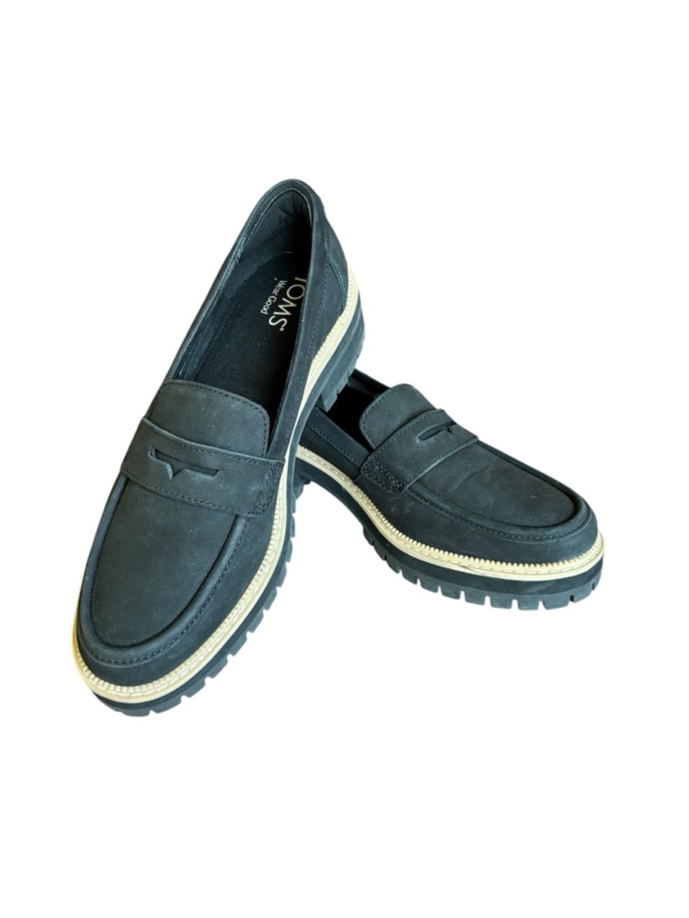 TOMS Cara Black Leather Platform Lug Sole Loafers NWOB 8.5 - Picture 2 of 8